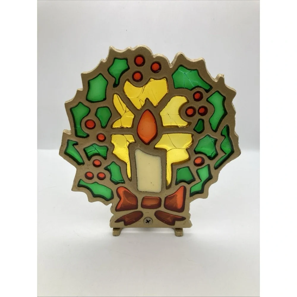 Vintage STAINED GLASS Cast Iron Wreath CANDLE HOLDER MCM 70s Christmas - Picture 2 of 11